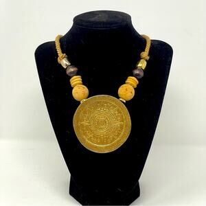 Boho Aztec Calendar Medallion Necklace GOLD TONE